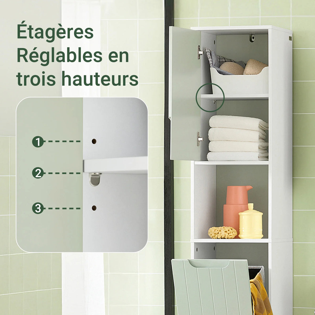 Compartiment ouvert et étagère réglable du meuble de salle de bain