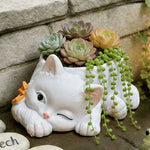 pot fleurs forme chat blanc vert nœud papillon succulentes diverses pierres décoratives jardinage mignon