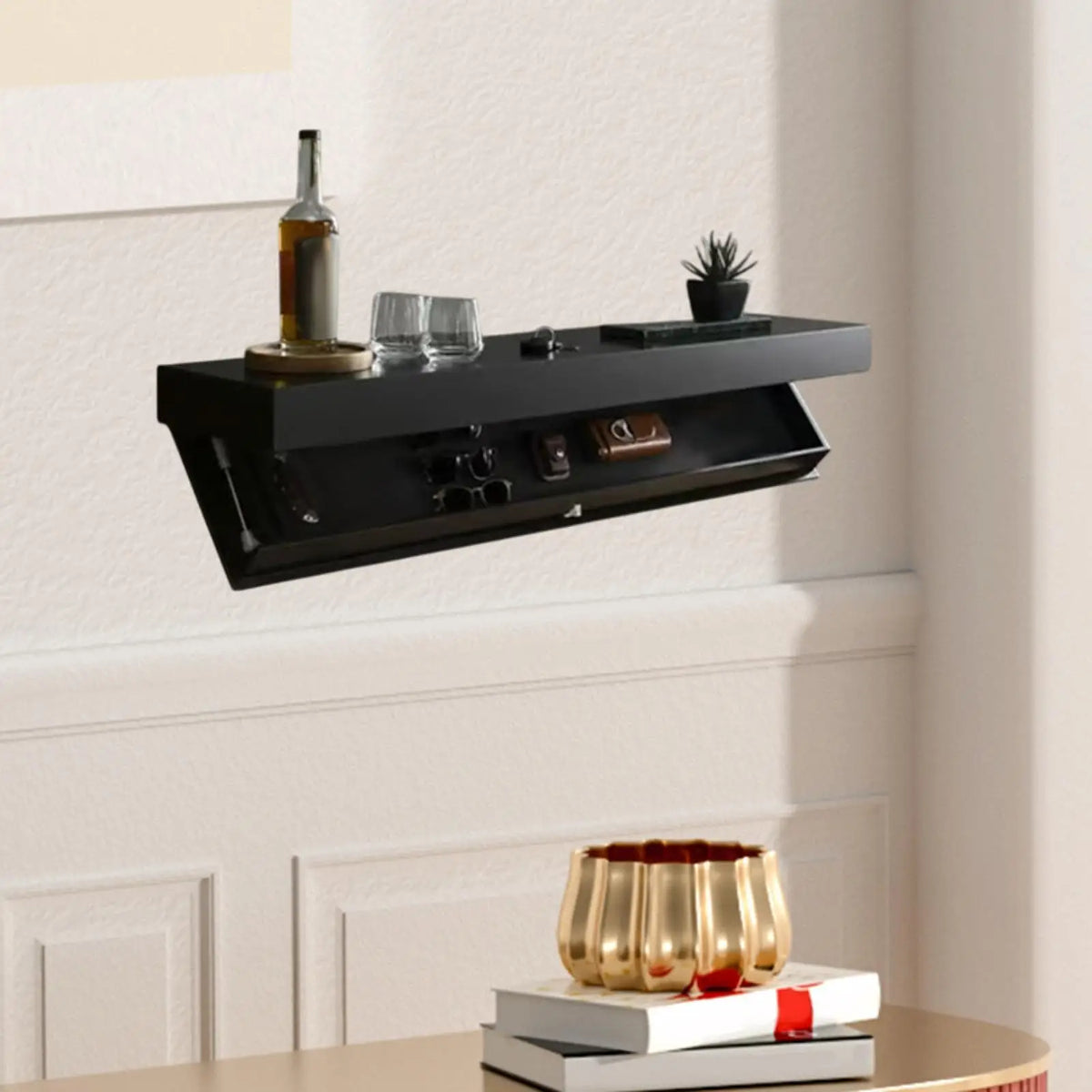 étagère murale bois moderne étagère flottante compartiment caché salon blanc noir vis fixations