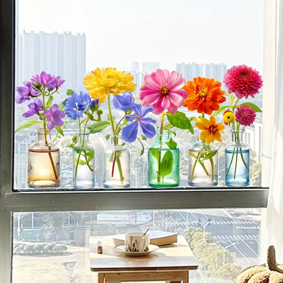 sticker mural fleurs bouteilles violet jaune bleu moderne adhésif chambre salon