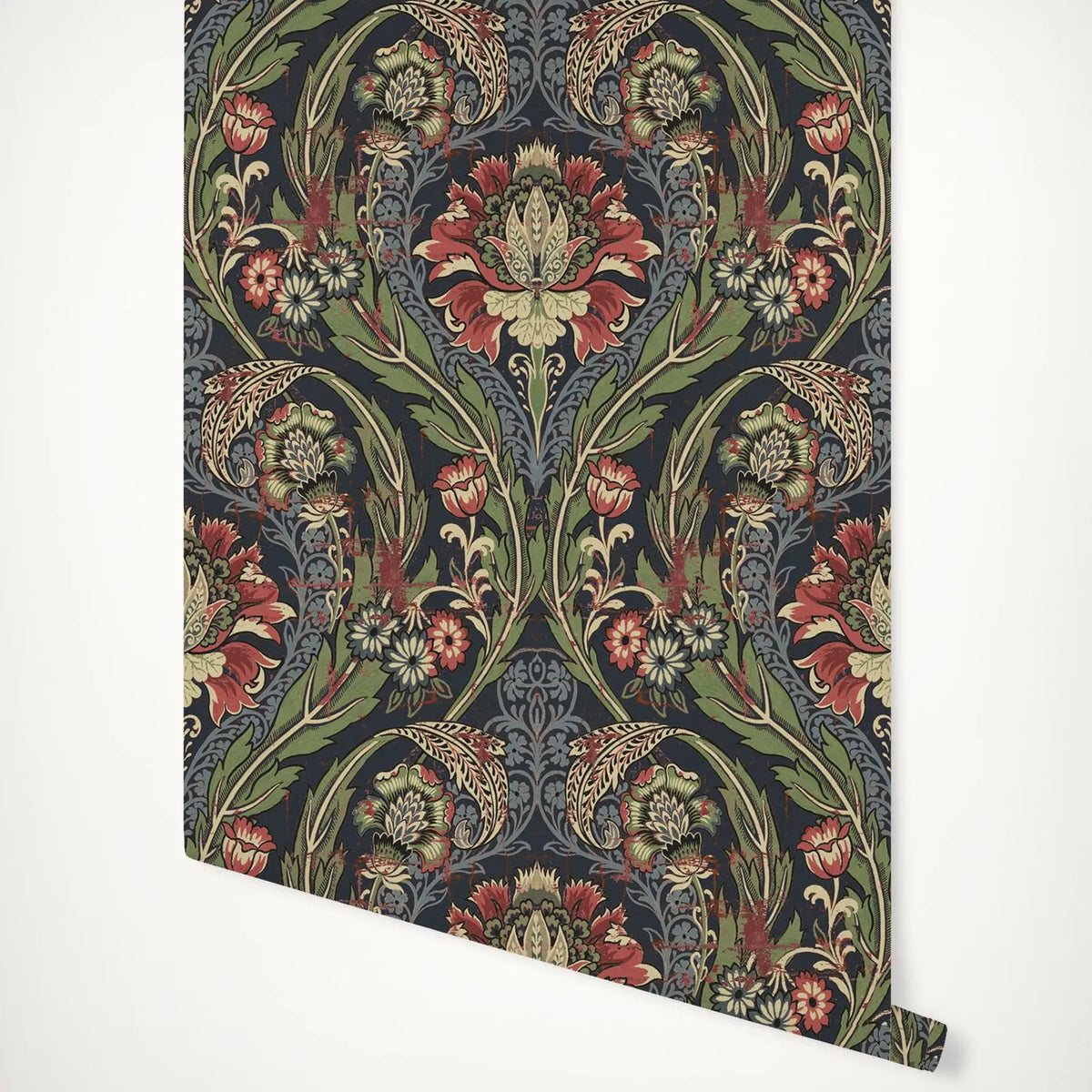 papier peint floral opaque vintage feuilles fleurs bleu foncé vert rouge beige