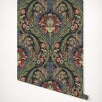 papier peint floral opaque vintage feuilles fleurs bleu foncé vert rouge beige