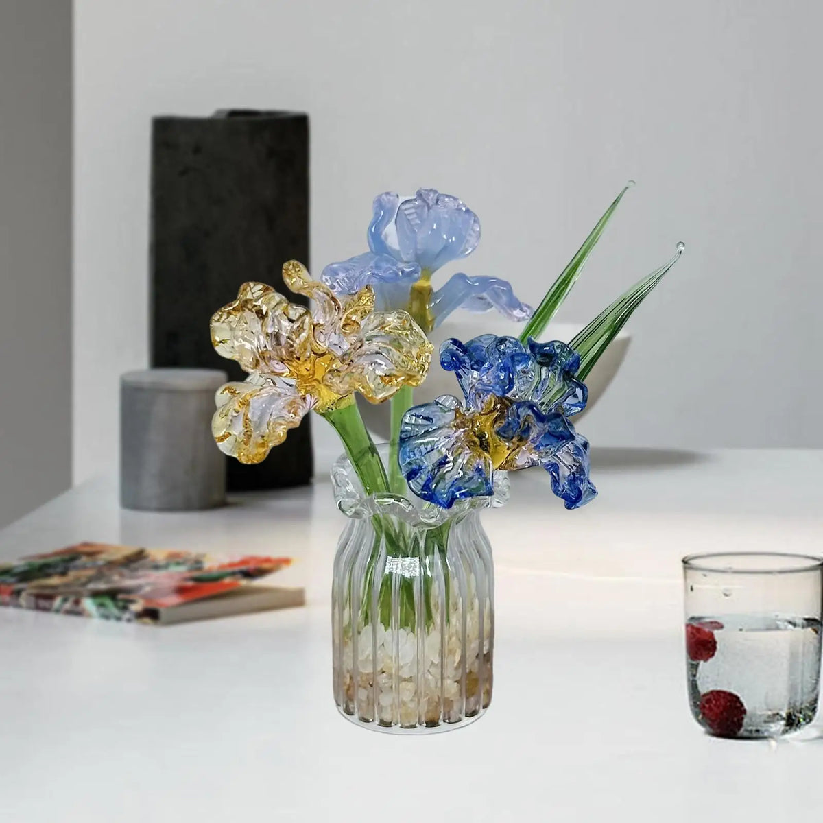 bouquet fleurs artificielles bleu jaune vert moderne vase decor maison salon unique
