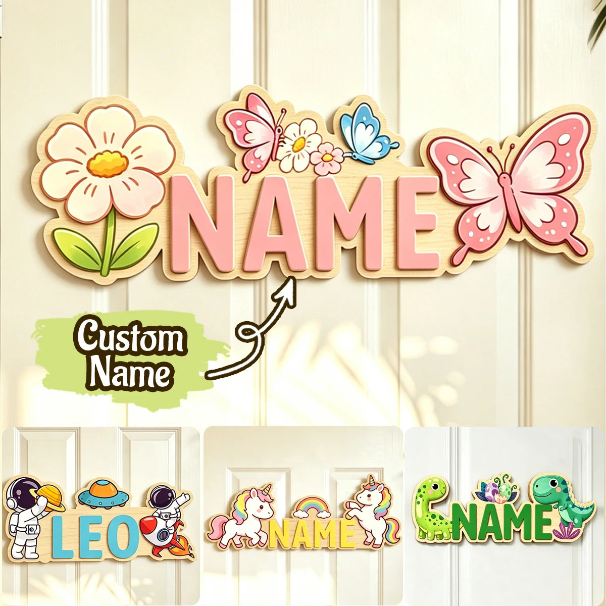 plaque porte personnalisable dessin animé fleurs papillons licorne verte bleue jaune rose