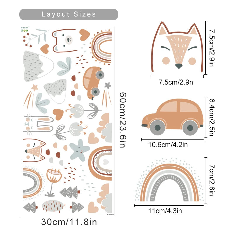 Stickers muraux animaux nuages arc ciel chambre enfant décoration bohème illustrative