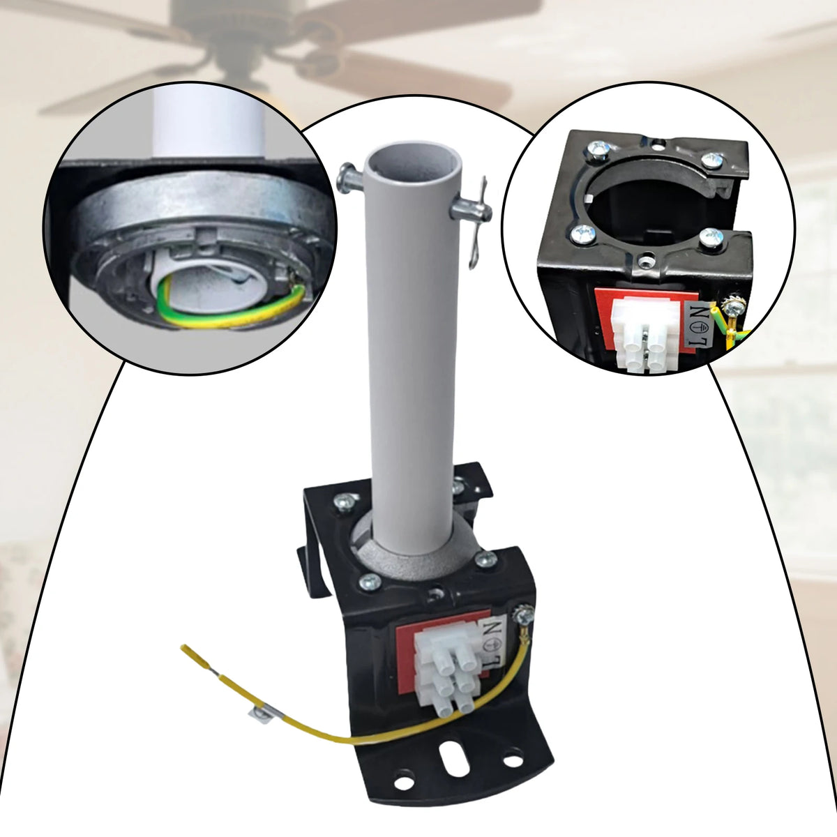 support ventilateur gris noir industriel fixations vis base carrée connecteur électrique câble Jaune
