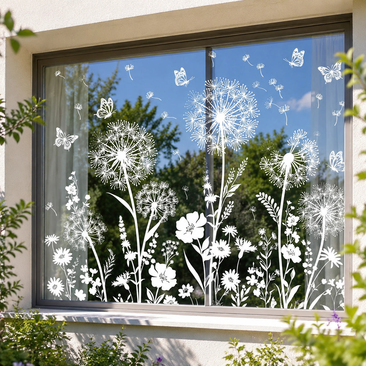 décoration fenêtre autocollant pissenlit fleurs papillons champêtre floral 40x60cm translucent blanc vert