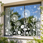 décoration fenêtre autocollant pissenlit fleurs papillons champêtre floral 40x60cm translucent blanc vert
