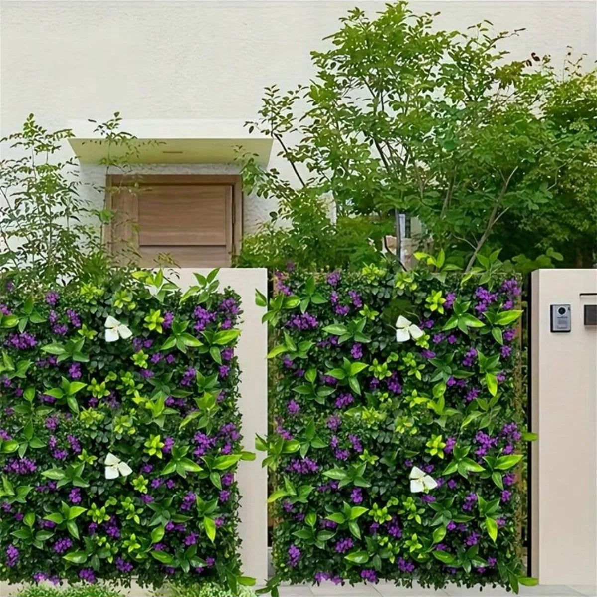 décoration murale moderne panneau végétal artificiel feuilles vertes fleurs violettes clips extérieur intérieur