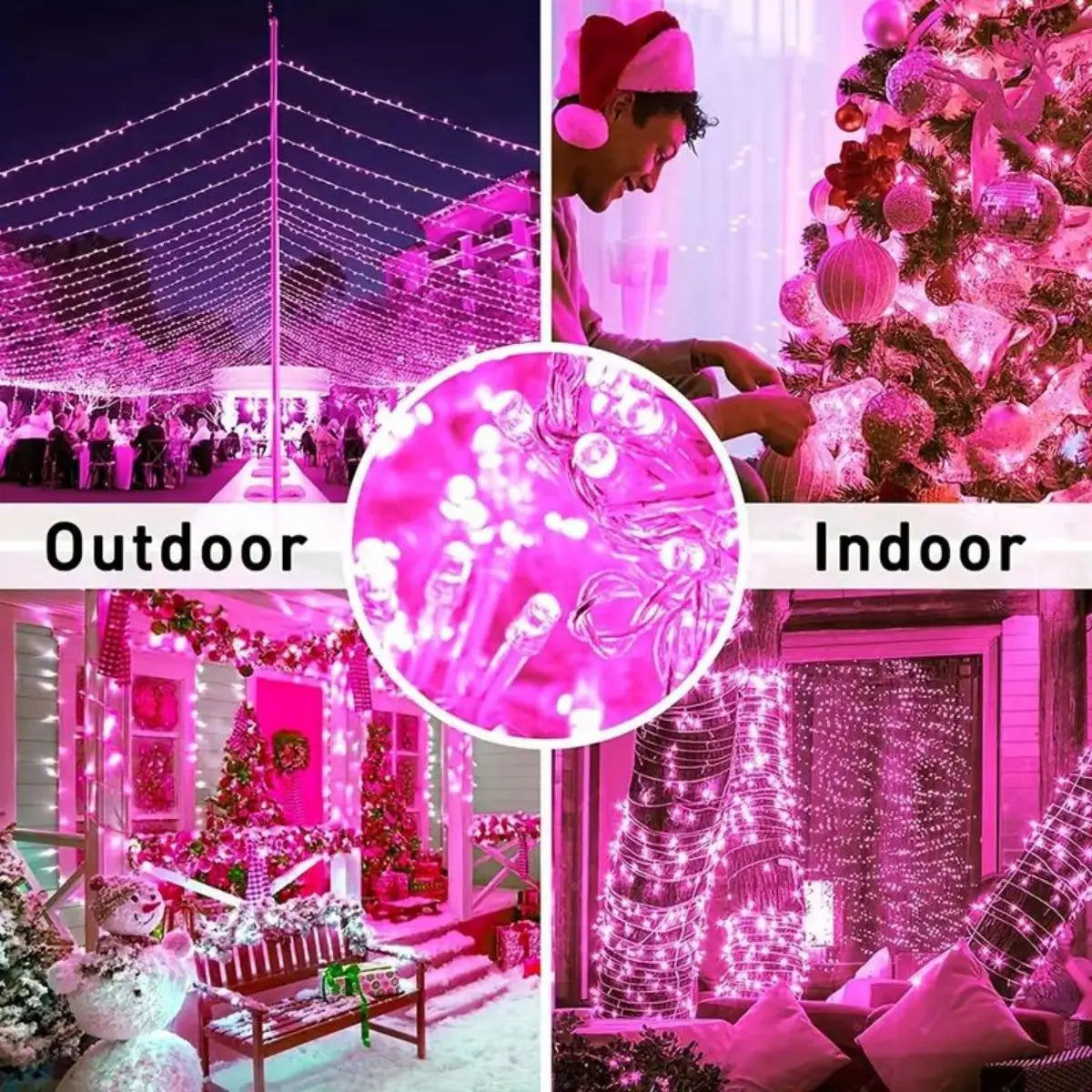 Guirlande lumineuse rose en extérieur dans un jardin