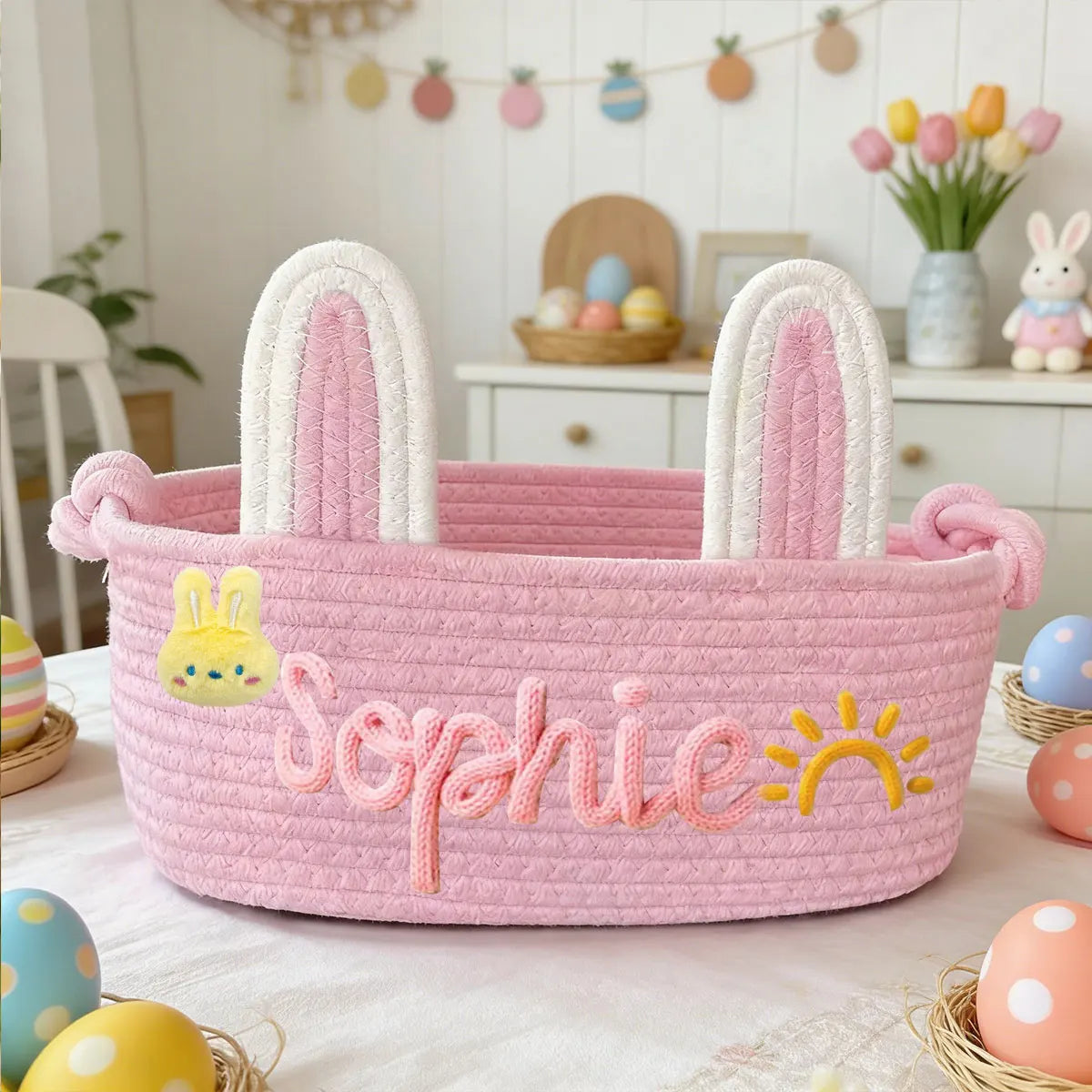 panier rangement tissu coton rose blanc bleu motif tresses décoratif enfant anneaux métalliques prénom