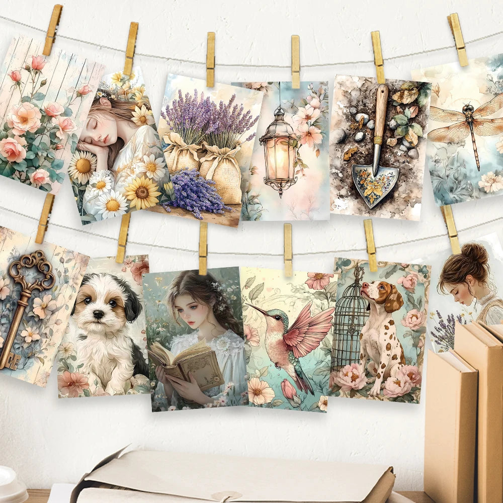 cartes postales vintage fleurs animaux romantiques clips pinces beige rose vert