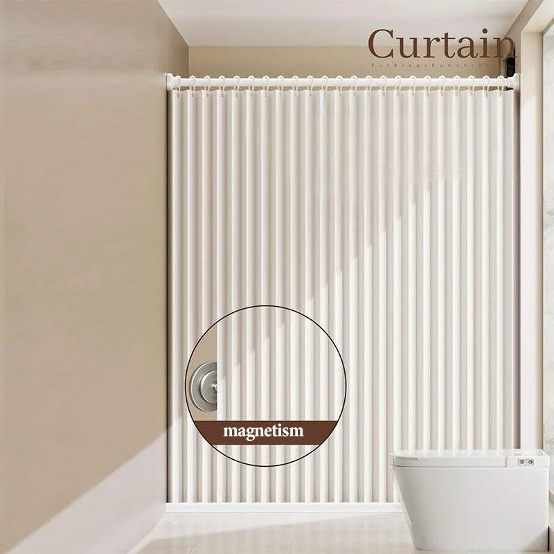 rideau douche pliable blanc rayures verticales clips magnétiques polyester tufté moderne salle bain