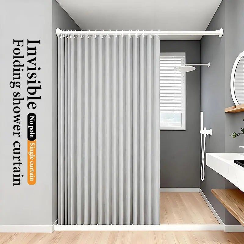 rideau douche pliable invisible gris rayures vertical opacité moderne anneau support mural polyester tufté