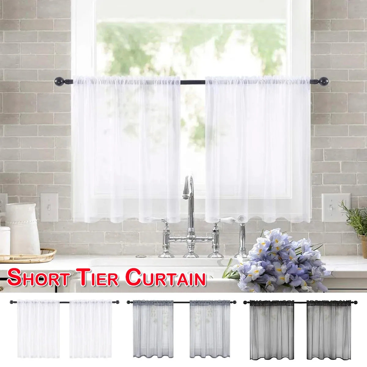 rideaux courts tissu plissé polyester translucides moderne blanc gris noir