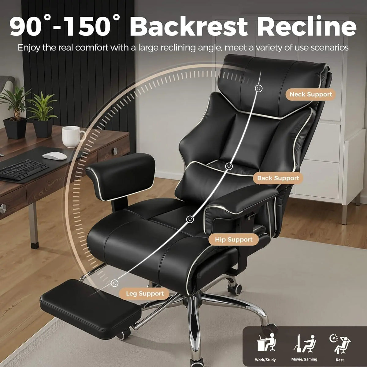 fauteuil noir simili cuir moderne roulettes oreiller supplémentaire basse hauteur
