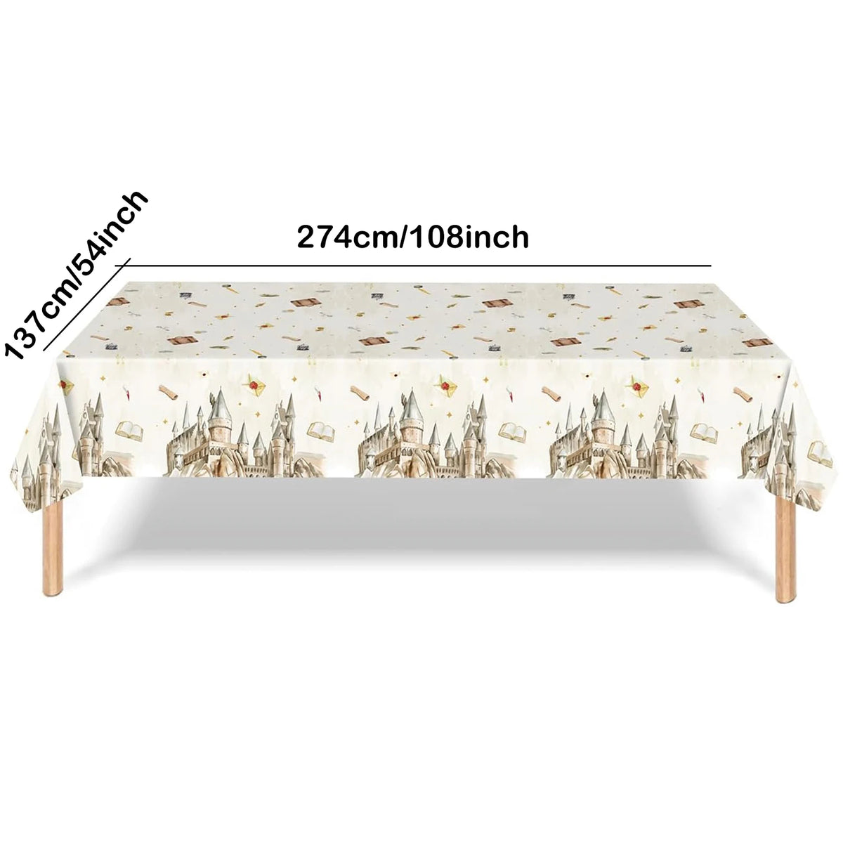 nappe table thème harry potter château livres lettres blanc beige doré imperméable usage uniqueextérieur