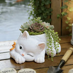 pot fleurs forme chat blanc vert nœud papillon succulentes diverses pierres décoratives jardinage mignon