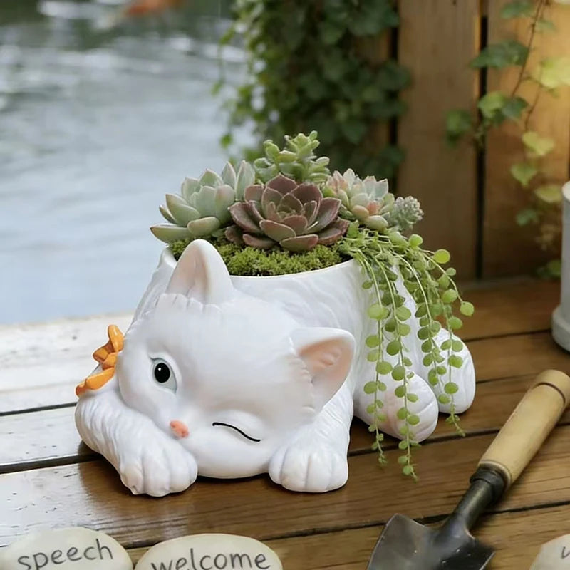 pot fleurs forme chat blanc vert nœud papillon succulentes diverses pierres décoratives jardinage mignon