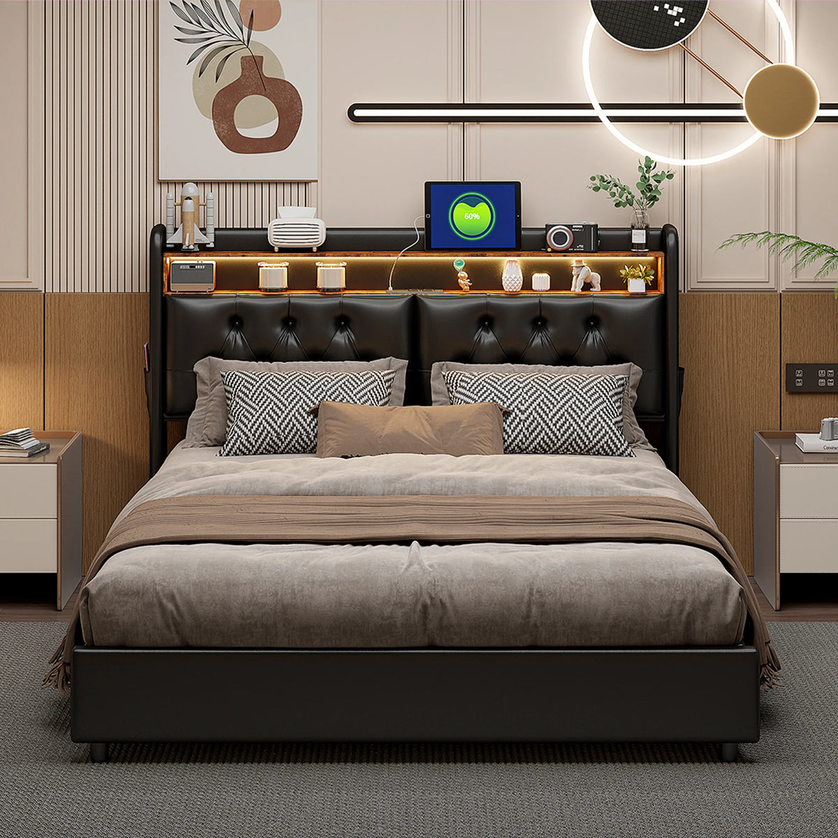 Détail de la tête de lit LED avec ports USB et Type-C