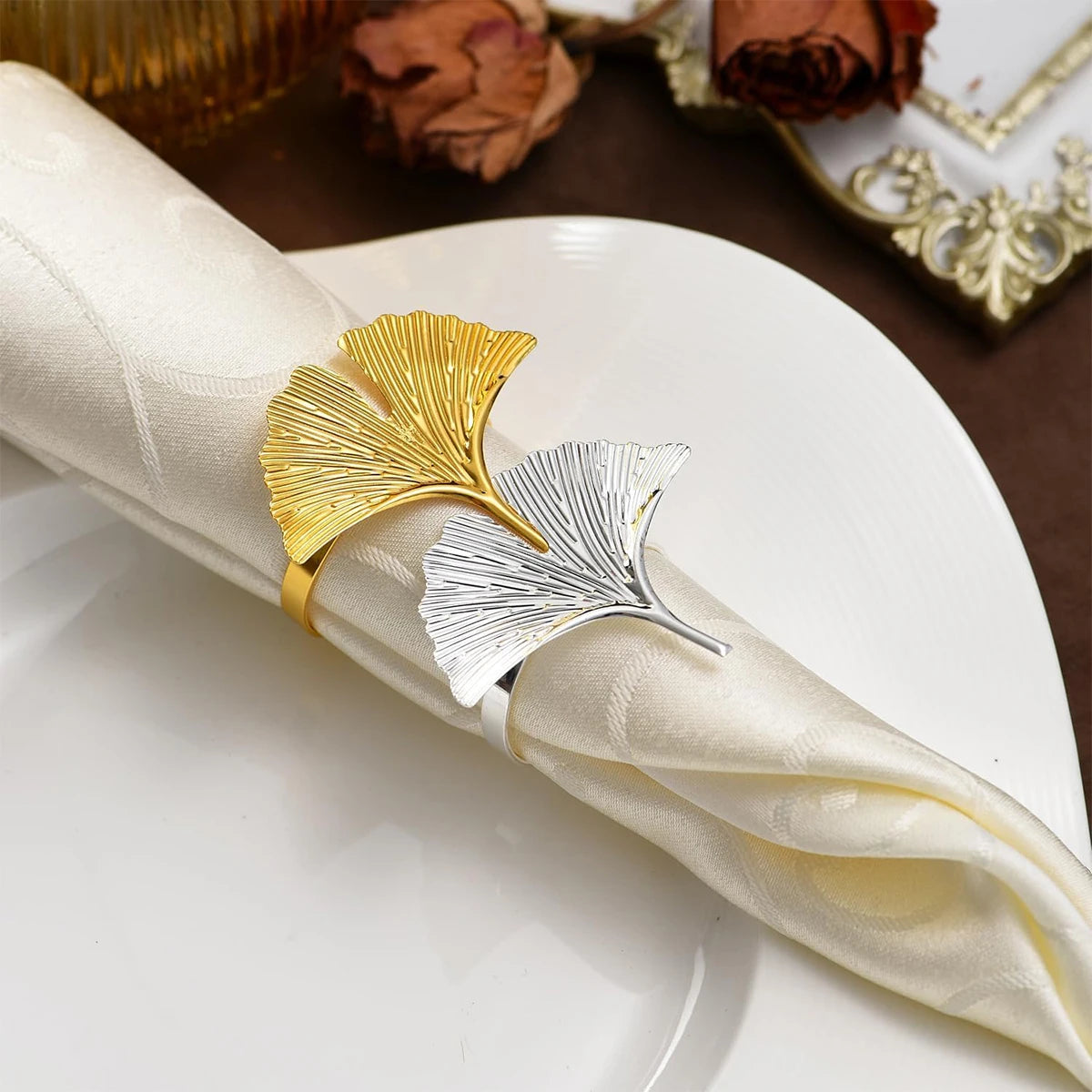 porte serviettes anneau feuille gingko or argent classique automne fêtes thanksgiving