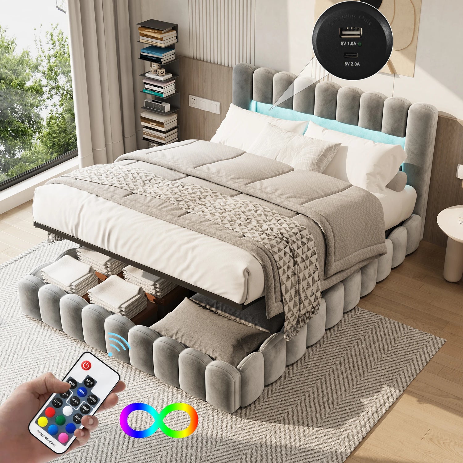 Lit capitonné 180x200 cm vert armée avec tête de lit LED dans une chambre moderne