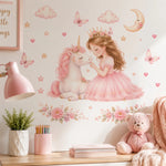 Stickers muraux princesse licorne rose blanc papillons coeurs fleurs nuages lune enfantin