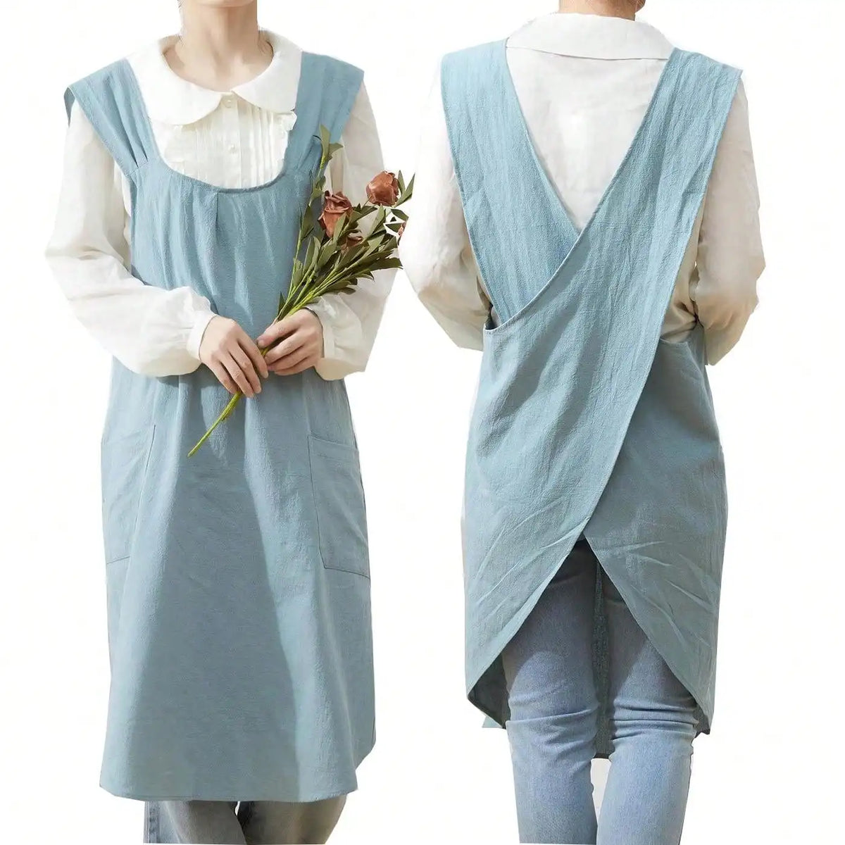 tablier coton classique bleu clair beige vert clair poches vintage femmes cuisine