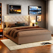 Lit double capitonné 160x200 avec tête de lit lampe USB et rangement, velours beige