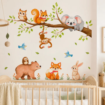 sticker mural animal forêt hibou écureuil koala ours renard enfant décoration nature féerique peel