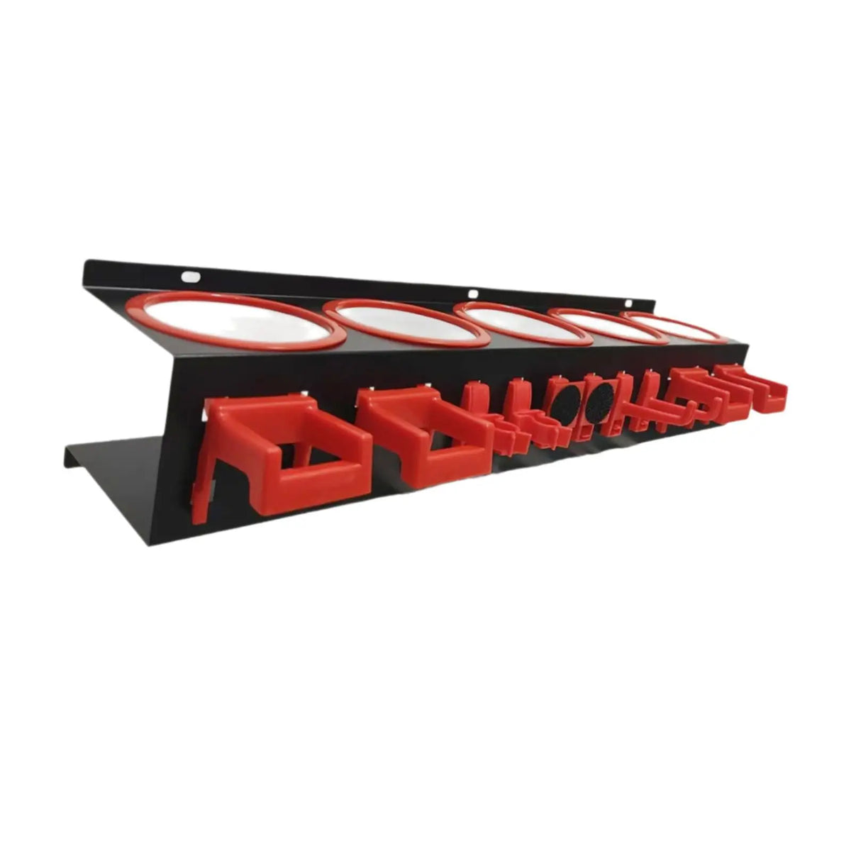 support mural bouteilles nettoyant noir rouge clips organisation garage pratique fonctionnel