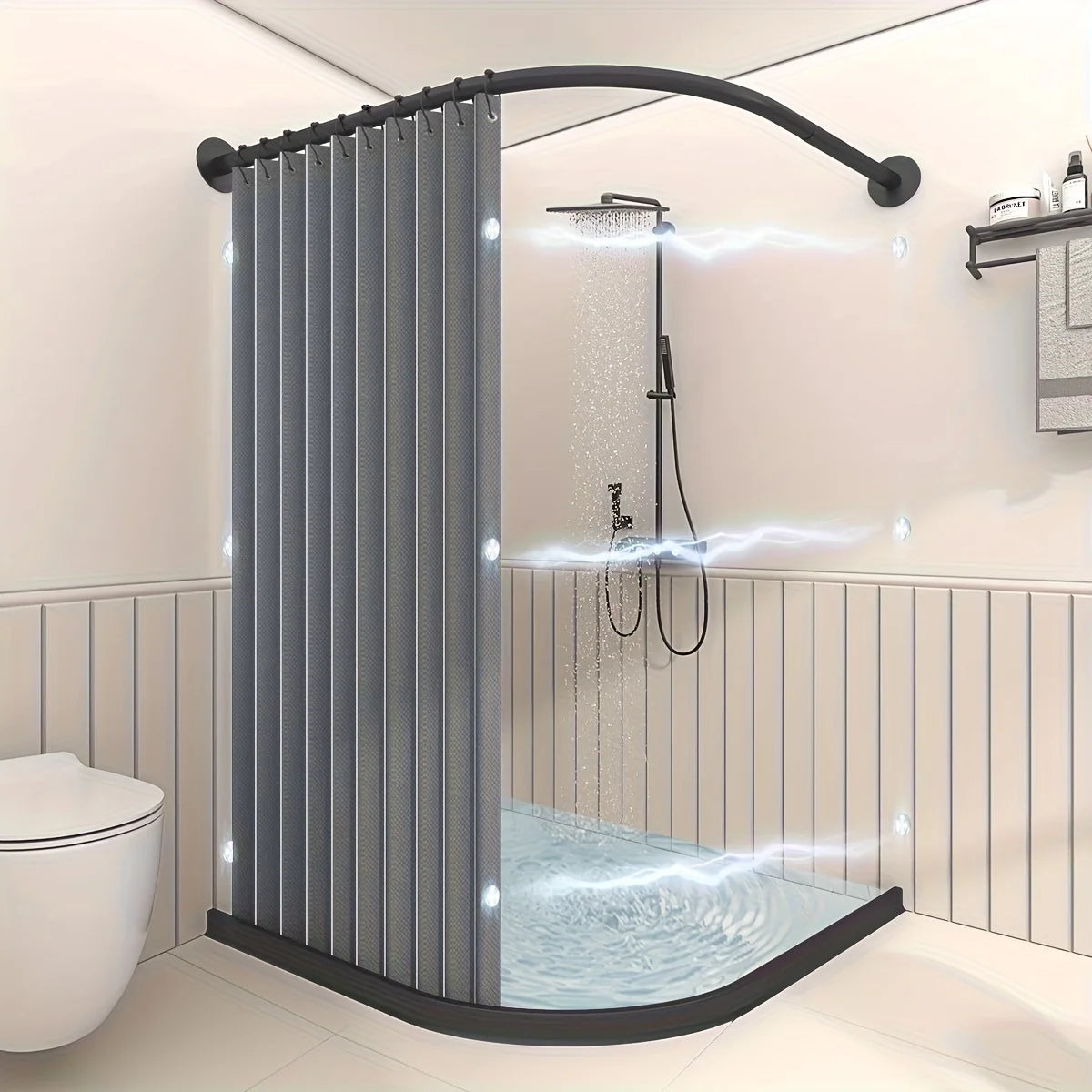 rideau douche pliable gris bleu rayures verticales clips magnétiques moderneétalement standard Polyester