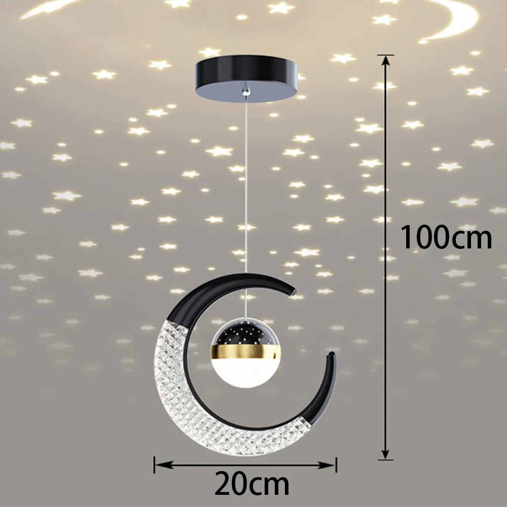 lampe suspendue moderne or noir étoiles croissant lune cristal spatial décoration chambre salon