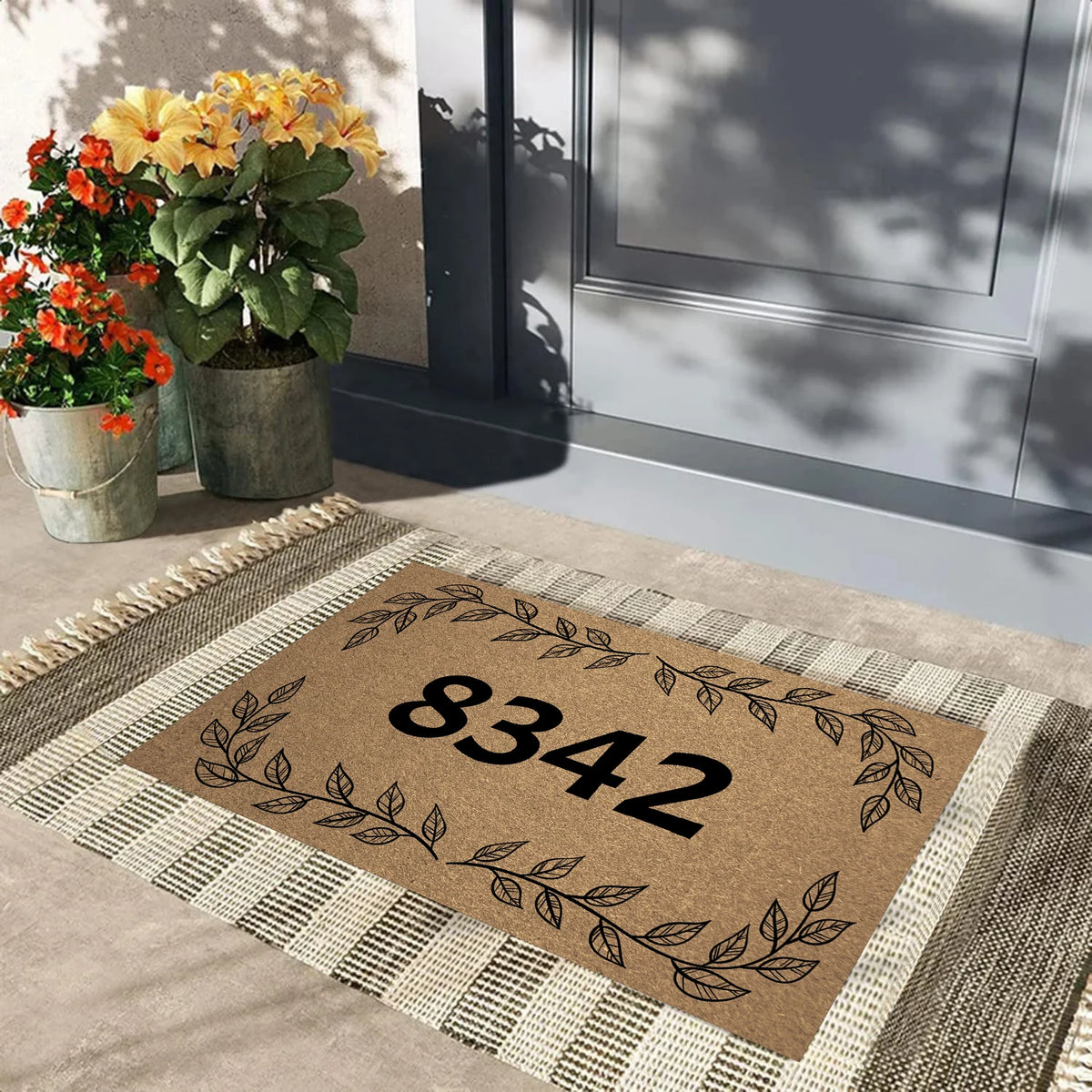 tapis d'entrée marron clair motif floral antidérapant résistant intempéries porte extérieur classique rustique