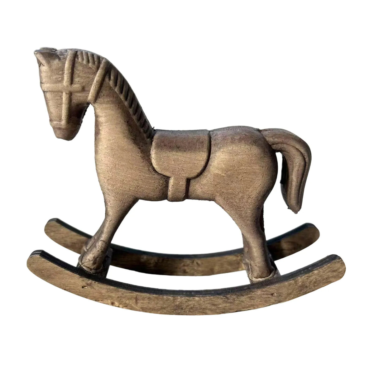 décoration cheval bascule bois vintage miniature bronze marron foncé aspect vieilli texture rugueuse figurine