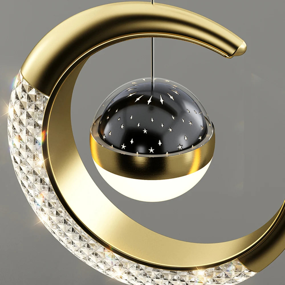 lampe suspendue moderne or noir étoiles croissant lune cristal spatial décoration chambre salon
