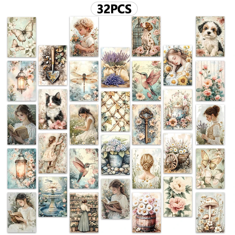 cartes postales vintage fleurs animaux romantiques clips pinces beige rose vert