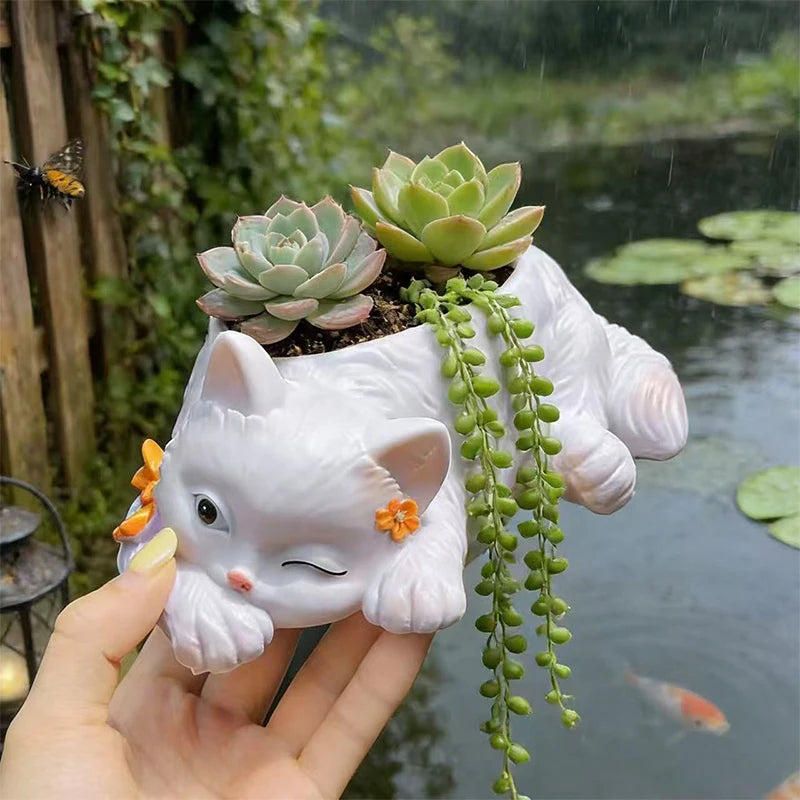 pot fleurs forme chat blanc vert nœud papillon succulentes diverses pierres décoratives jardinage mignon