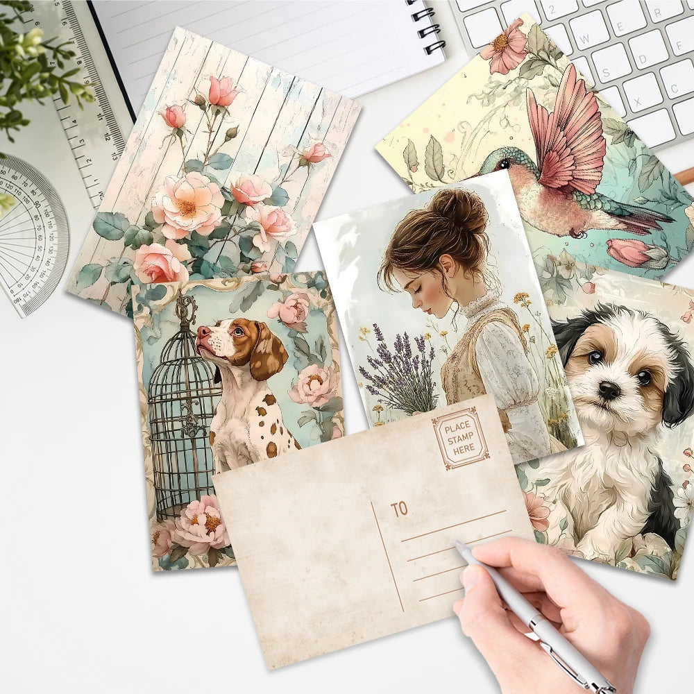 cartes postales vintage fleurs animaux romantiques clips pinces beige rose vert