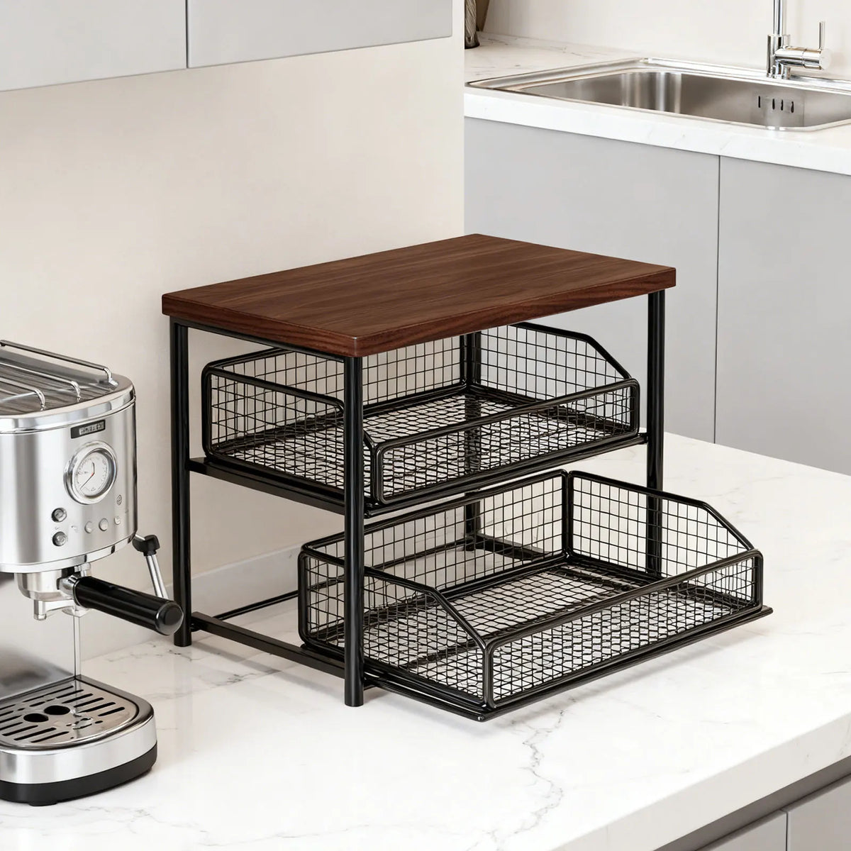 organisateur étagère rangement métal bois paniers mugs tasses comptoir cuisine moderne industrial