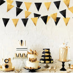 décoration fête mariage anniversaire banderole triangulaire papier or noir festive intérieure ruban triangles métalliques