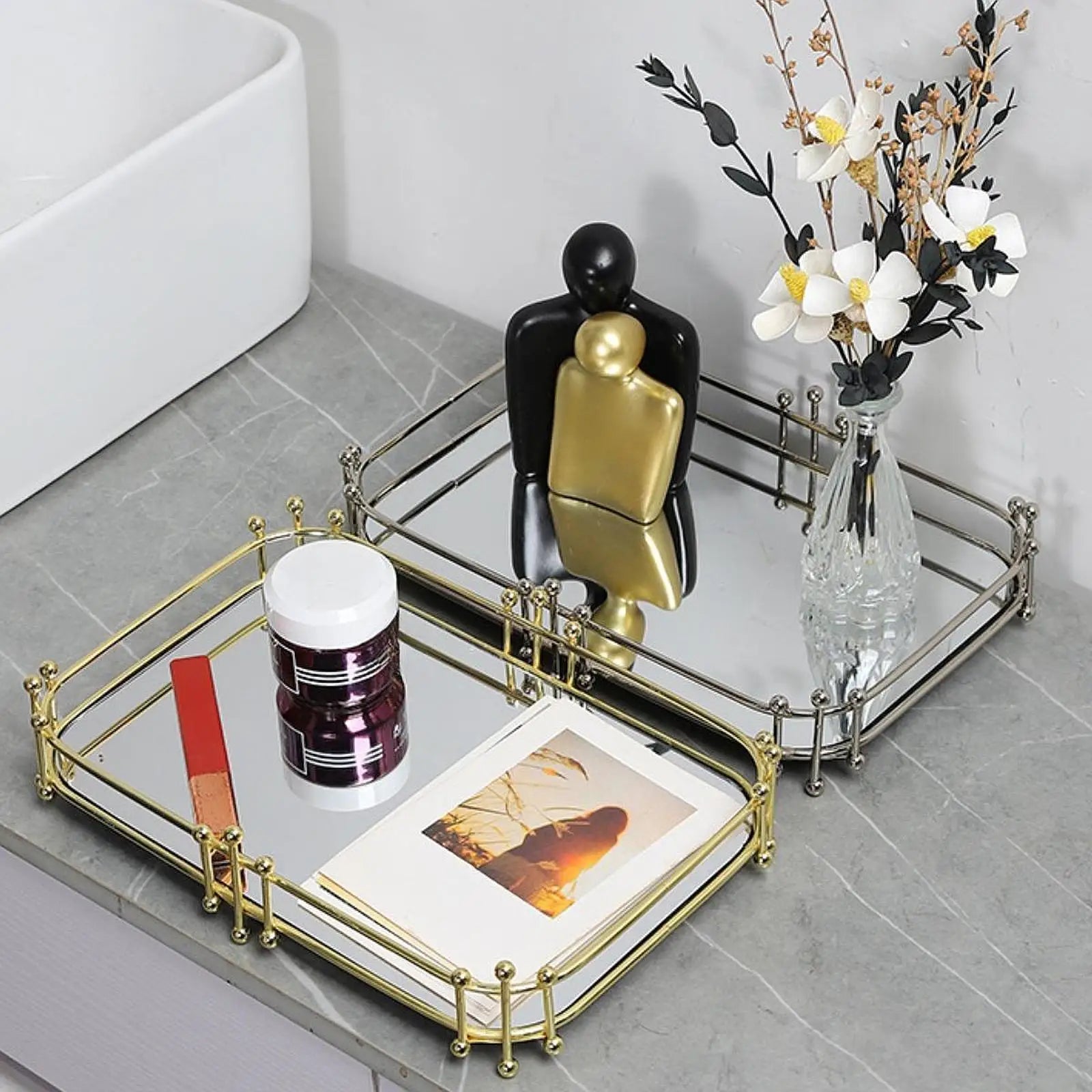 Plateau de rangement miroir jaune pour vanity