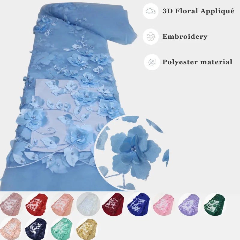 tissu dentelle tulle bleu clair fleurs relief broderie 3d robe mariage soirée luxe