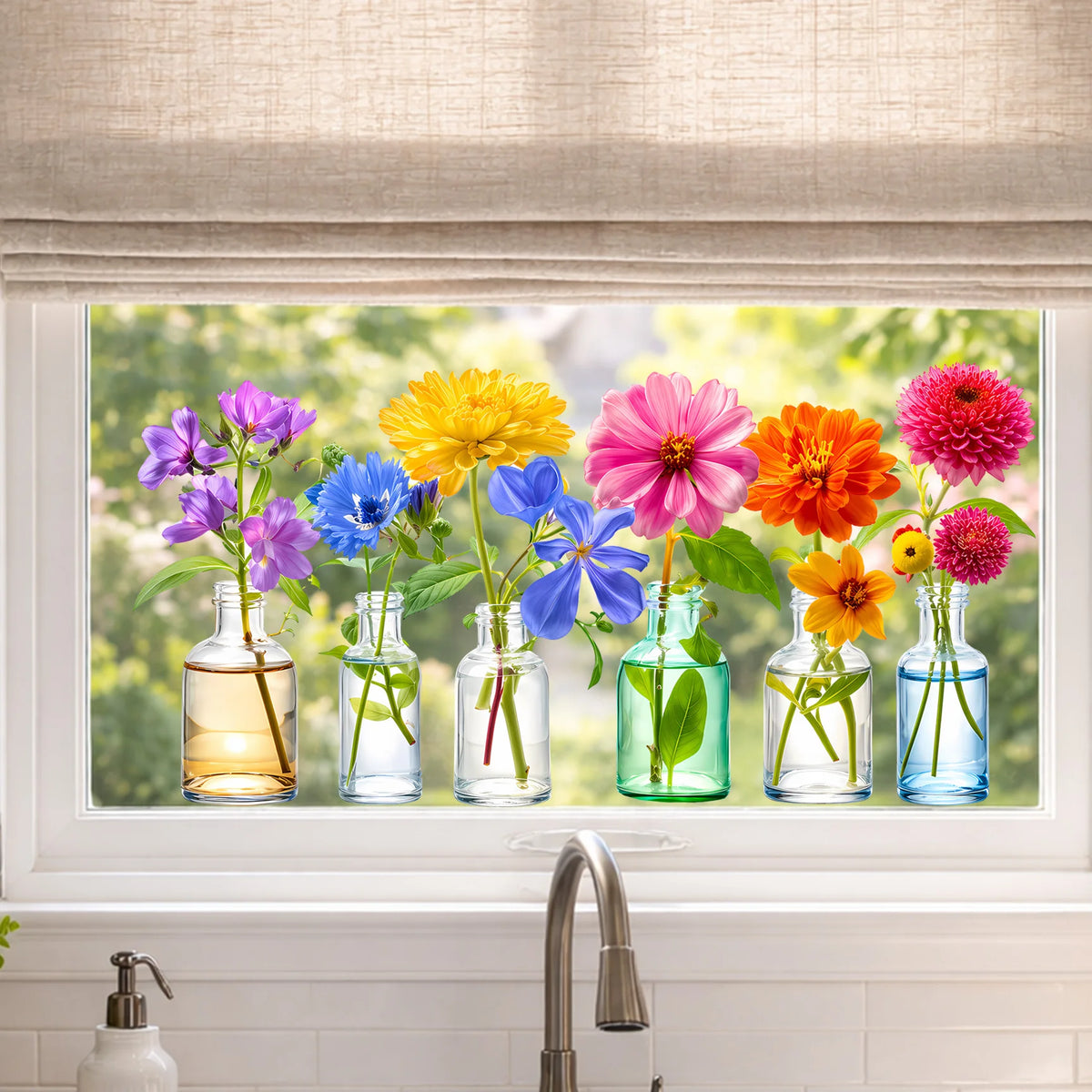 sticker mural fleurs bouteilles violet jaune bleu moderne adhésif chambre salon
