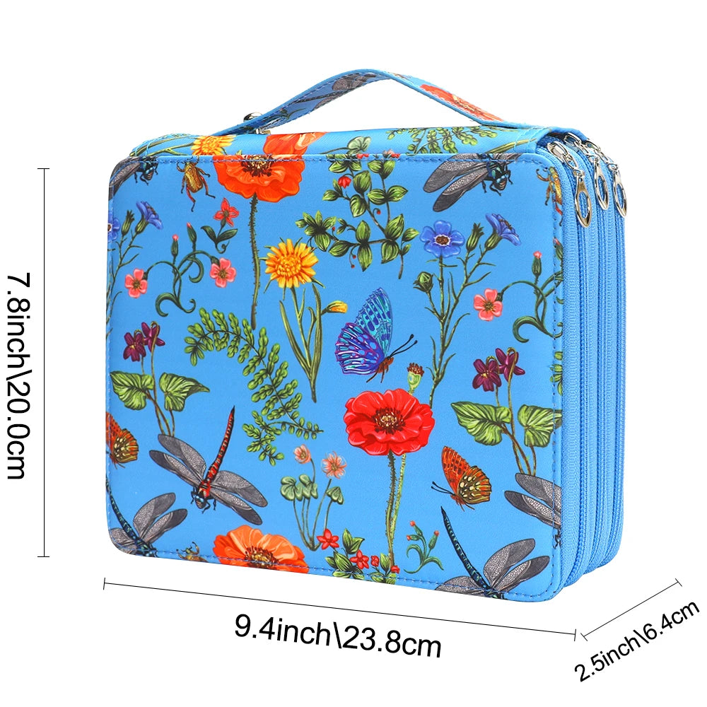 boîte crayons fleurs papillons zips 200 trous tissu polyestère moderne bleu vertclair