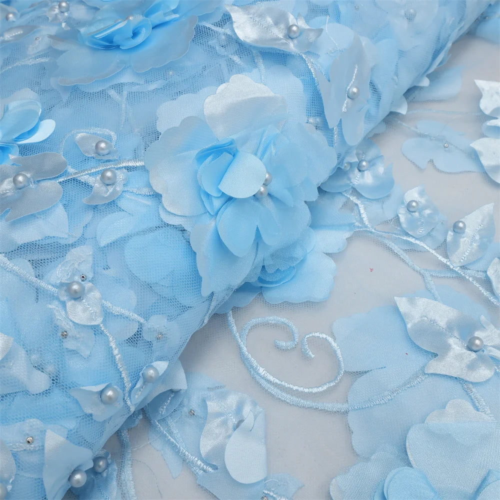 tissu dentelle tulle bleu clair fleurs relief broderie 3d robe mariage soirée luxe