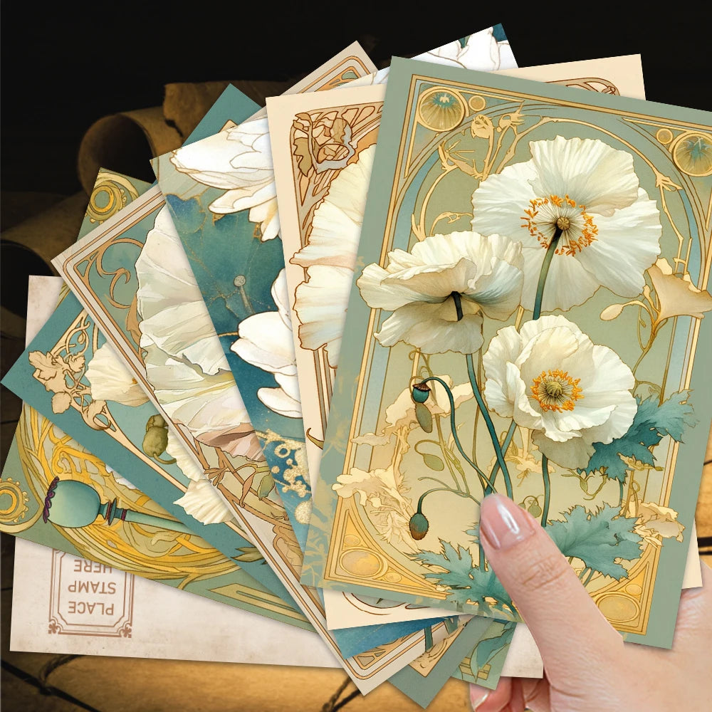 cartes postales art nouveau fleurs blanches vert clair beige enveloppe stylo vintage décoration murale