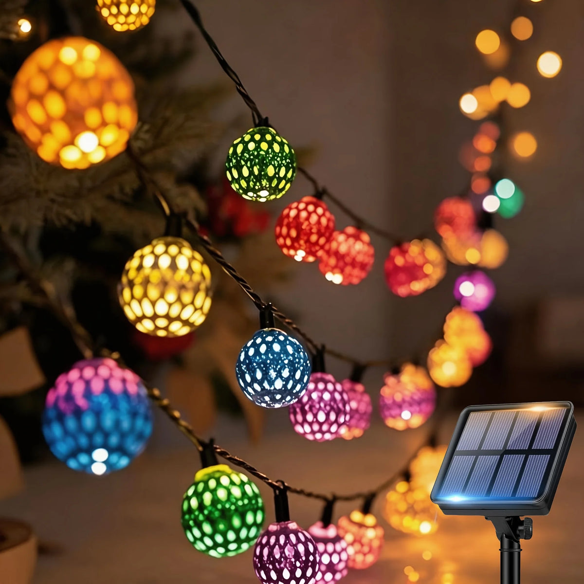 guirlande lumineuse multicolore géométriques clips panneau solaire intégré moderne jaune vert bleu violet rose