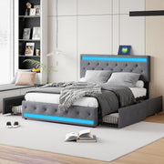 Lit double 140x200 cm avec tête de lit LED USB, tiroirs et rangement - Ombre Interieur