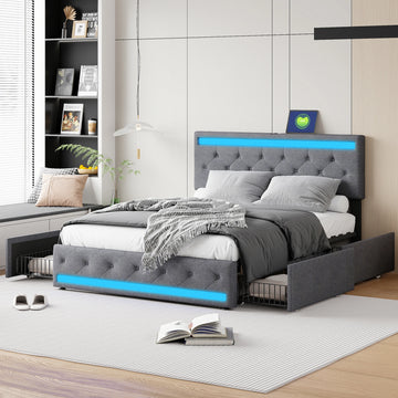Lit double 140x200 cm avec tête de lit LED et tiroirs en gris clair